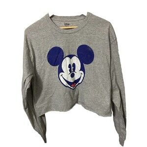 Mickey Mouse Disney Women's Large Gray Crop Top Long Sleeve Pullover Shirt